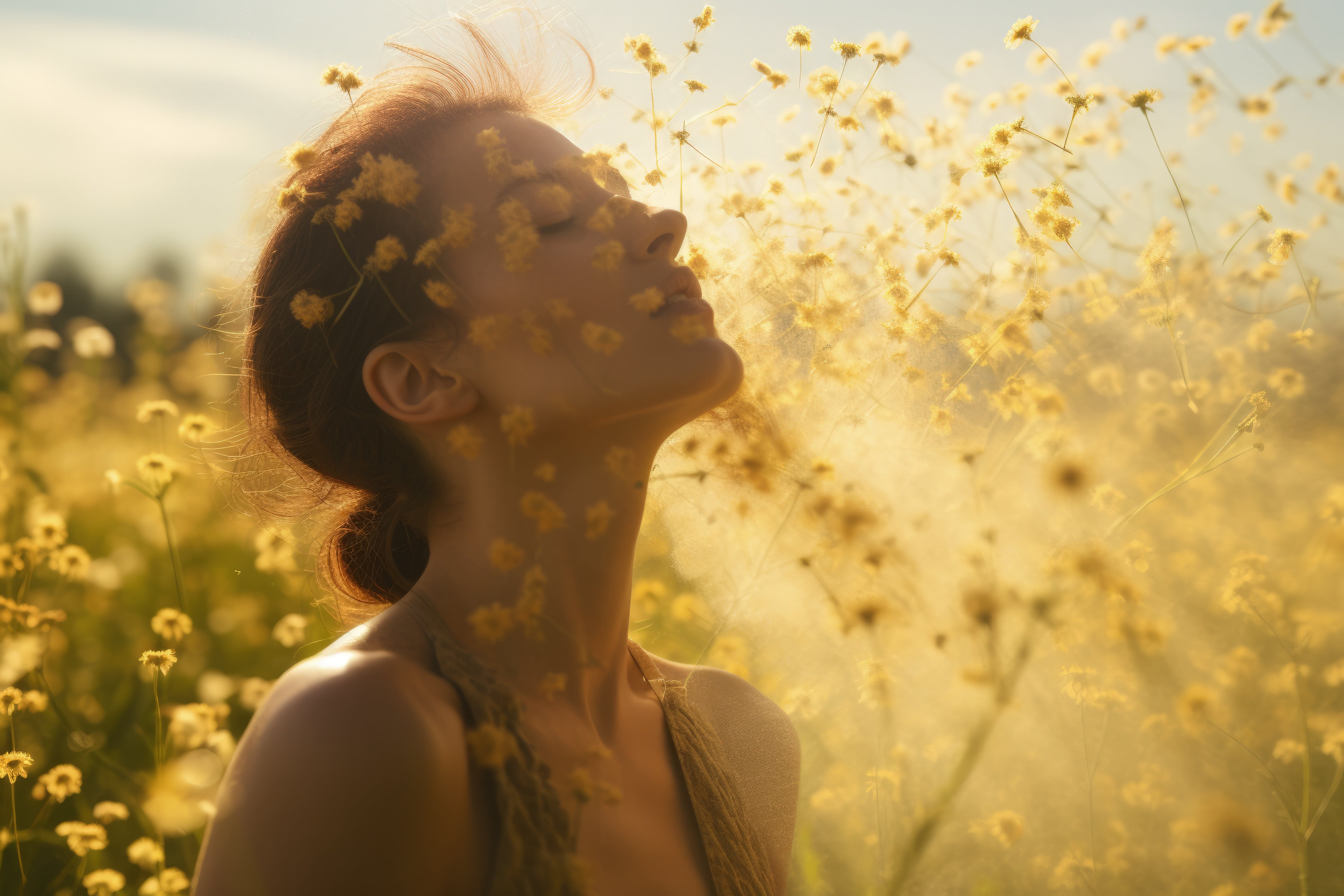 Woman in a golden field at sunset enjoying fragrance